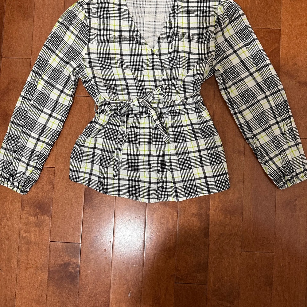 Plaid Blouse with Waist Tie - Black, White, Green